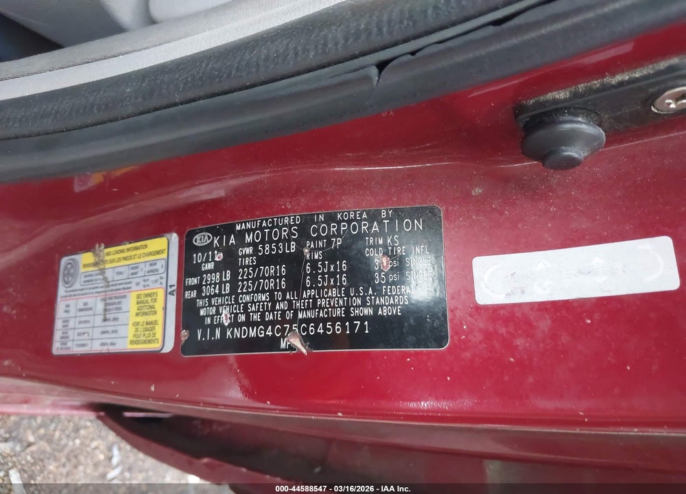 2012 KIA SEDONA LX VIN: KNDMG4C75C6456171