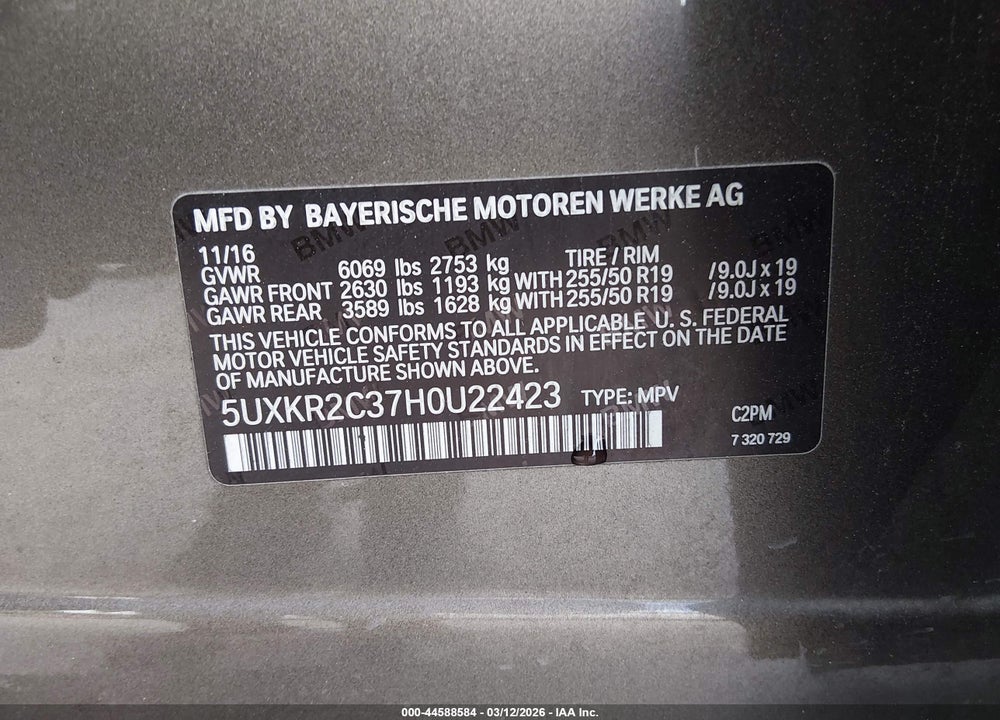 2017 BMW X5 SDRIVE35I VIN: 5UXKR2C37H0U22423