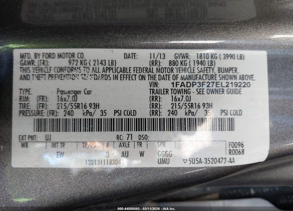 2014 FORD FOCUS SE VIN: 1FADP3F27EL219220