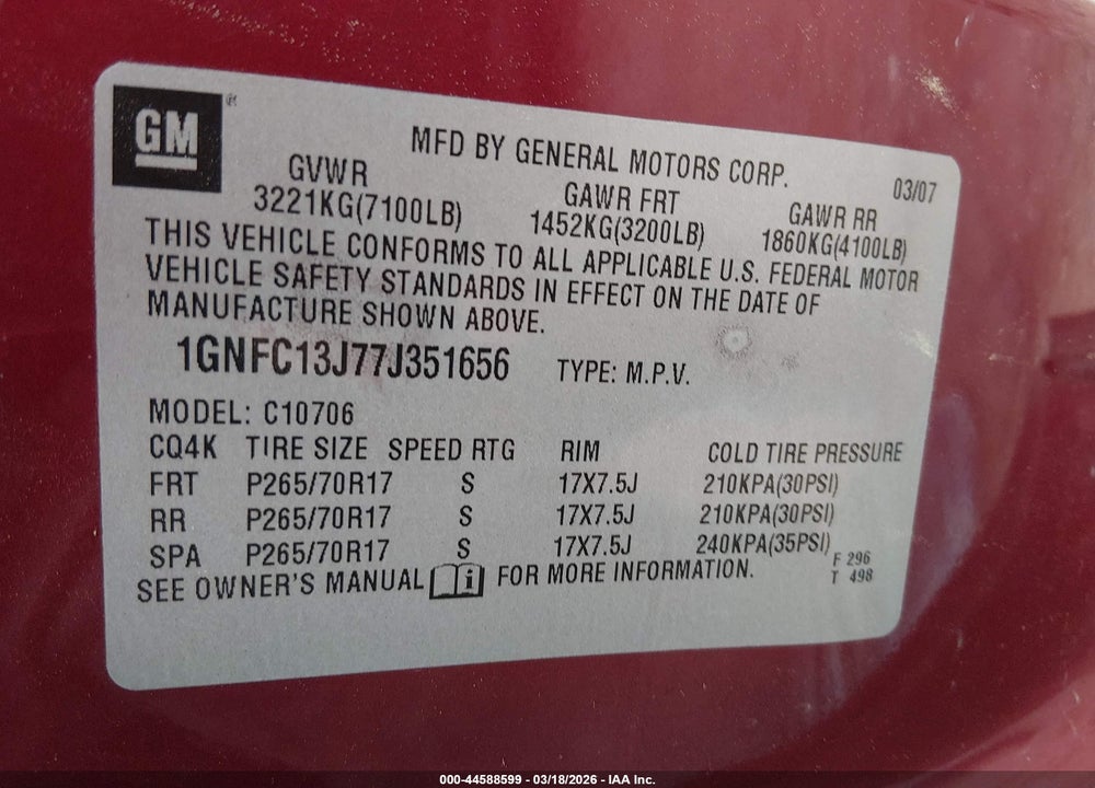 2007 CHEVROLET TAHOE LT VIN: 1GNFC13J77J351656