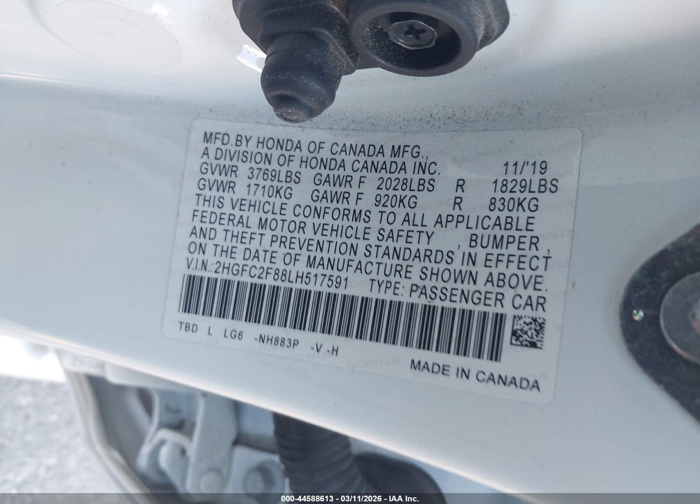 2020 HONDA CIVIC SPORT VIN: 2HGFC2F88LH517591