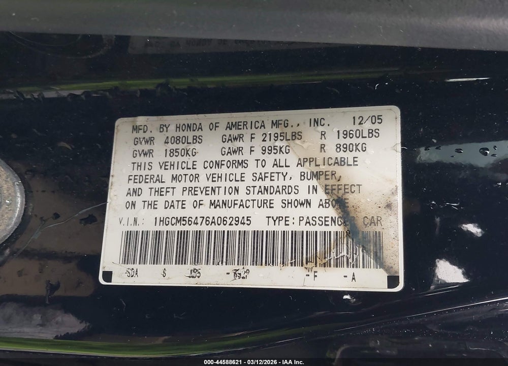 2006 HONDA ACCORD 2.4 LX VIN: 1HGCM56476A062945