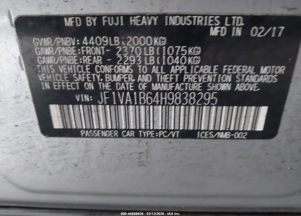 2017 SUBARU WRX VIN: JF1VA1B64H9838295