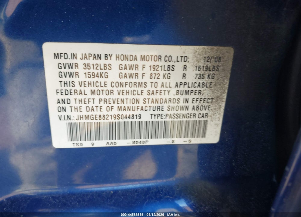 2009 HONDA FIT VIN: JHMGE88219S044819