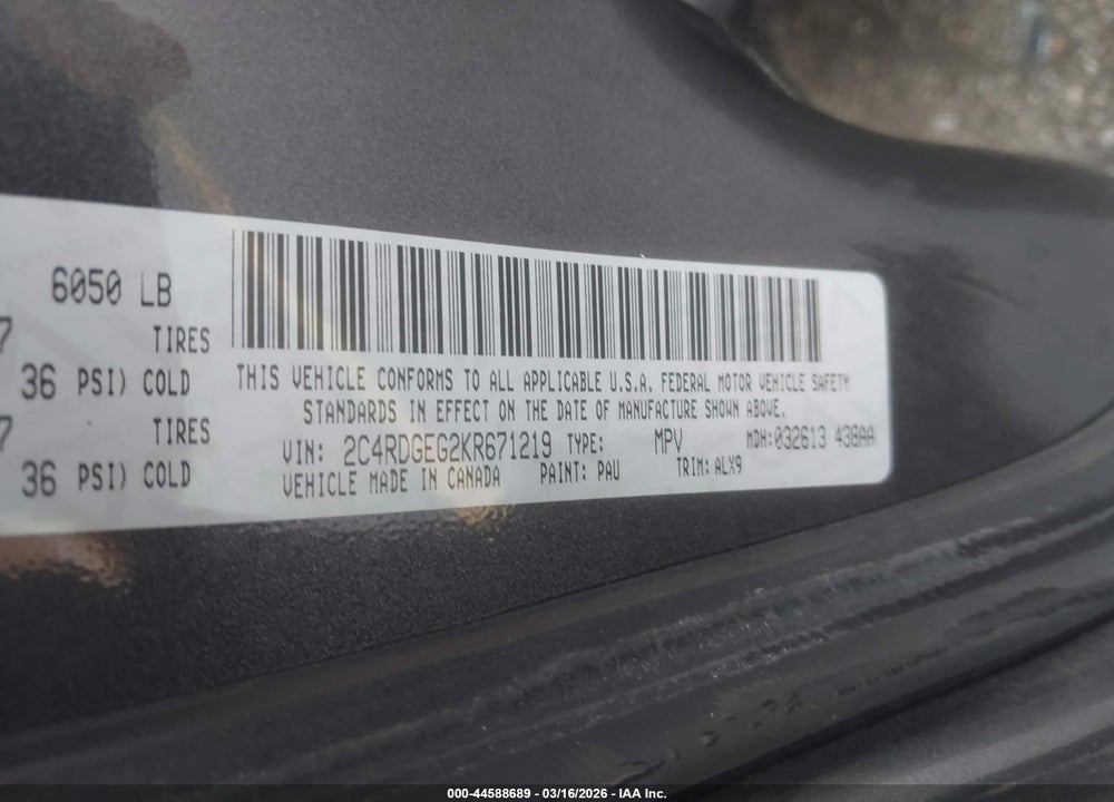 2019 DODGE GRAND CARAVAN GT VIN: 2C4RDGEG2KR671219