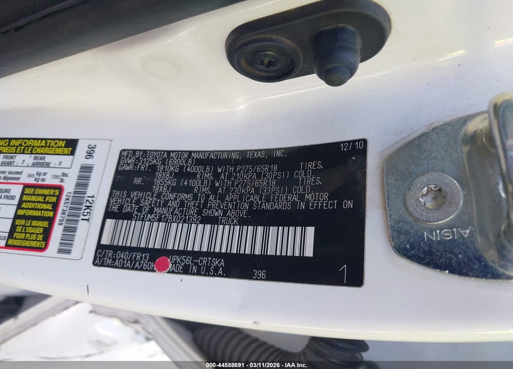 2011 TOYOTA TUNDRA GRADE 4.6L V8 VIN: 5TFUM5F17BX021392