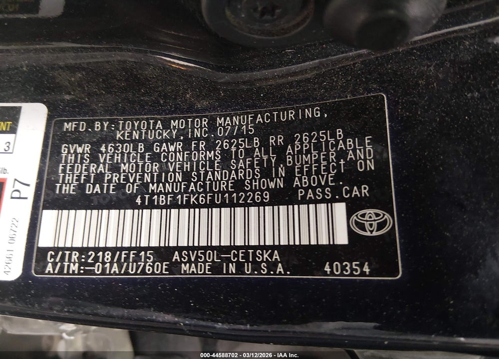 2015 TOYOTA CAMRY SE VIN: 4T1BF1FK6FU112269