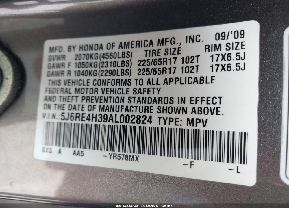 2010 HONDA CR-V LX VIN: 5J6RE4H39AL002824