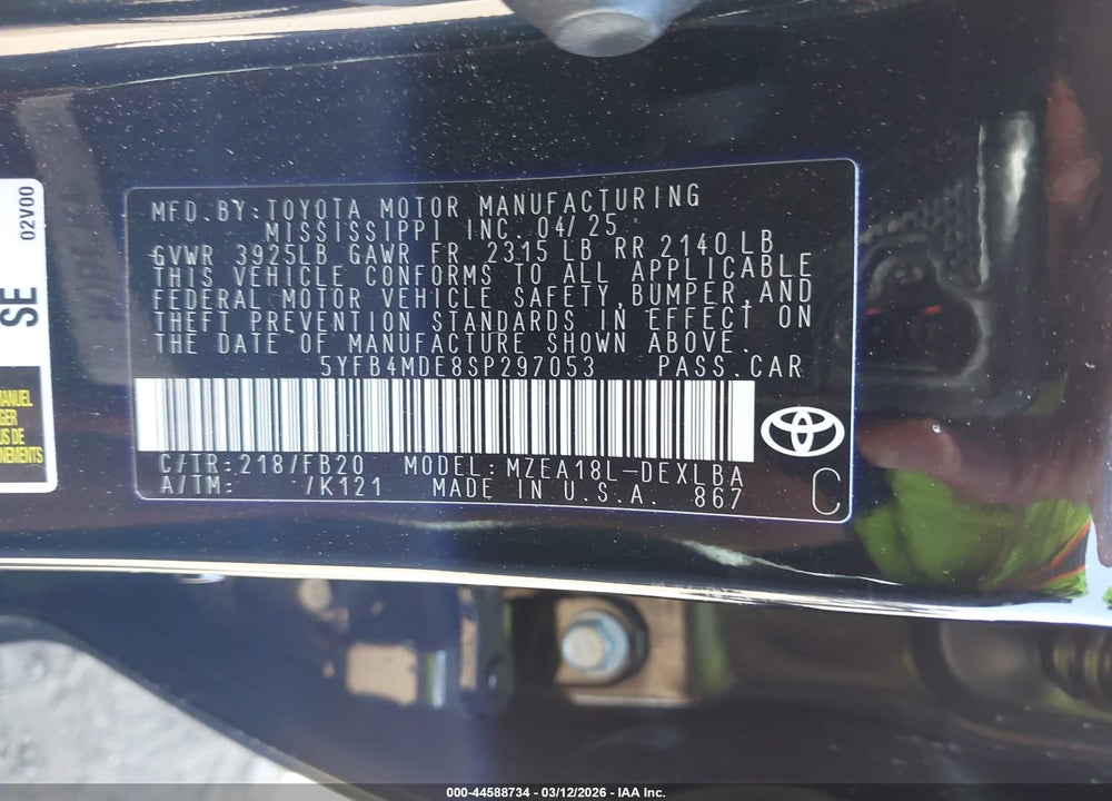 2025 TOYOTA COROLLA LE VIN: 5YFB4MDE8SP297053