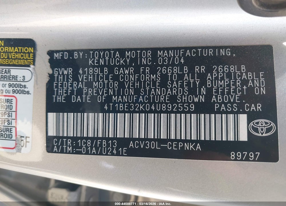 2004 TOYOTA CAMRY LE VIN: 4T1BE32K04U892559