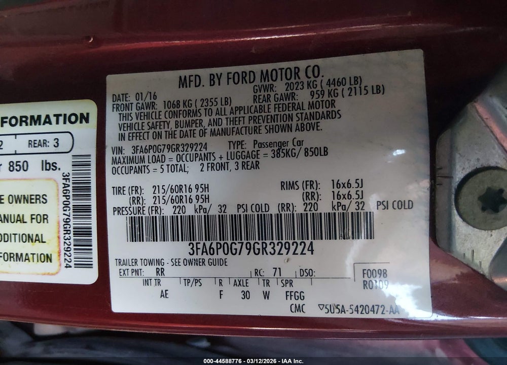 2016 FORD FUSION S VIN: 3FA6P0G79GR329224
