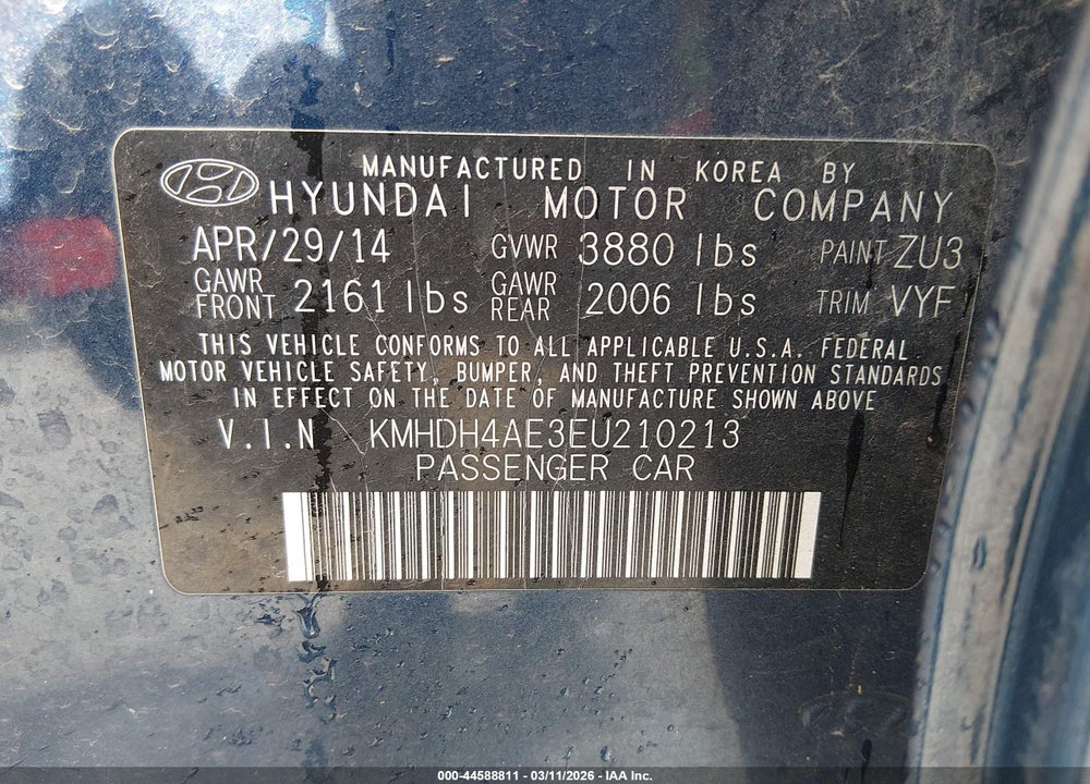 2014 HYUNDAI ELANTRA SE VIN: KMHDH4AE3EU210213
