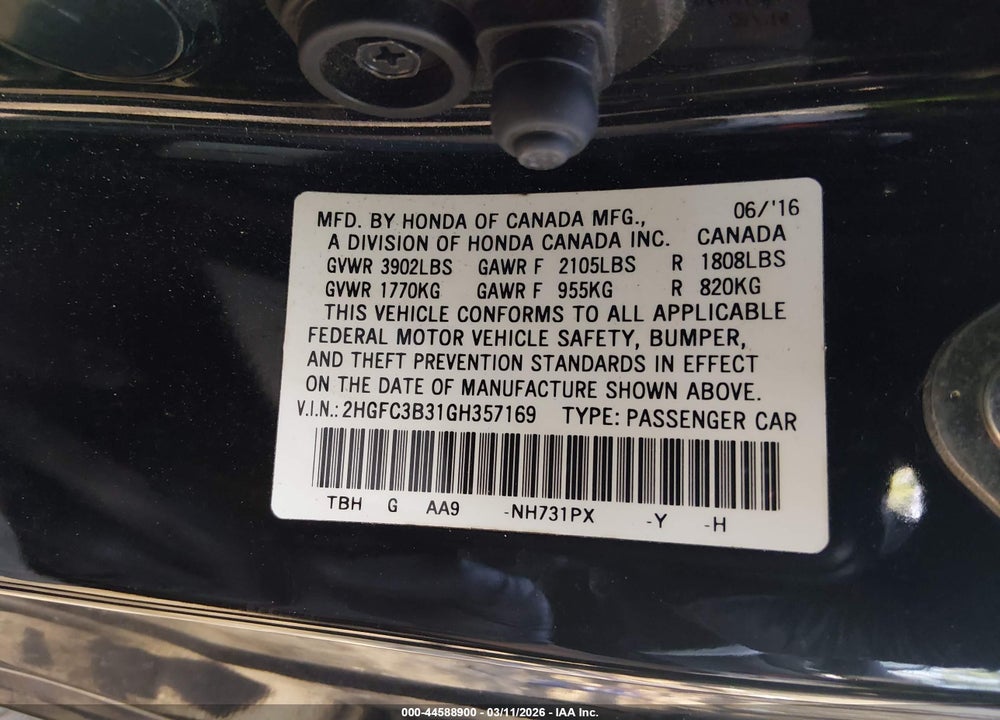 2016 HONDA CIVIC EX-T VIN: 2HGFC3B31GH357169