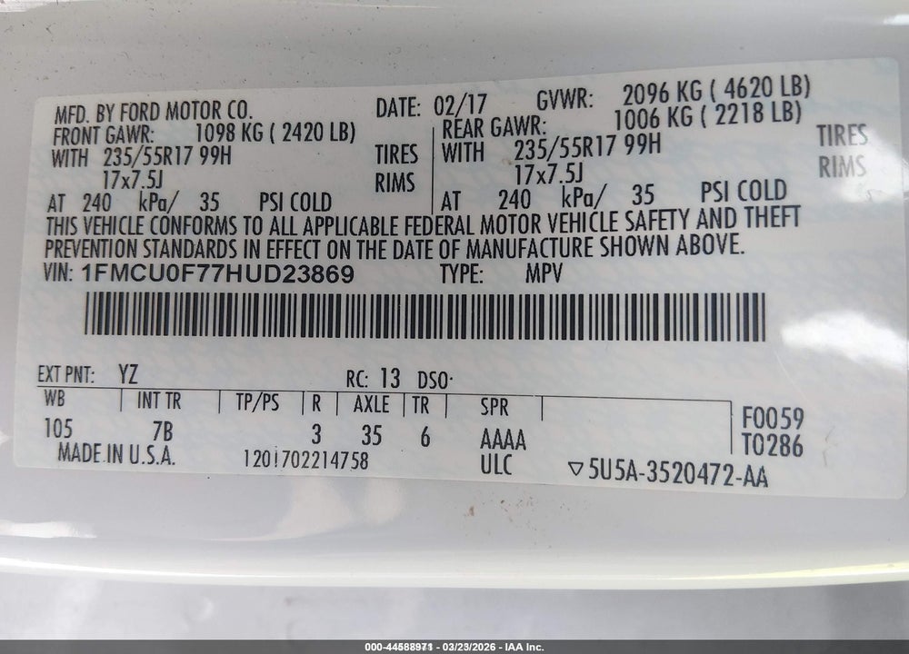 2017 FORD ESCAPE S VIN: 1FMCU0F77HUD23869