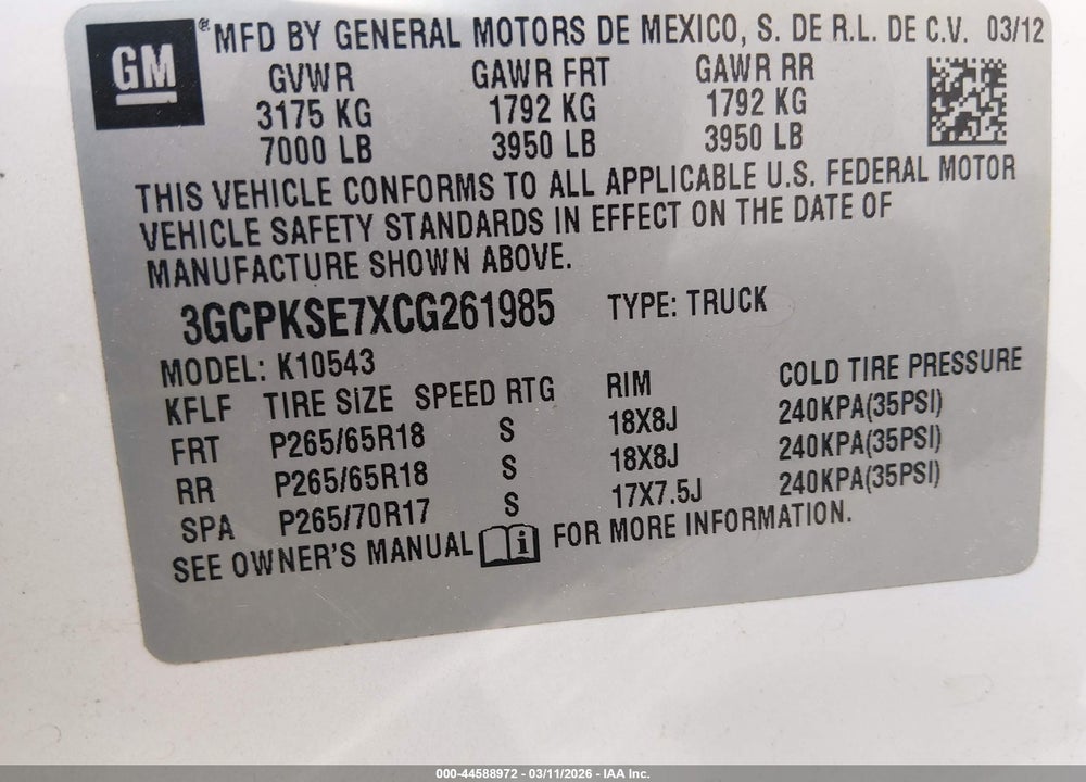 2012 CHEVROLET SILVERADO 1500 LT VIN: 3GCPKSE7XCG261985