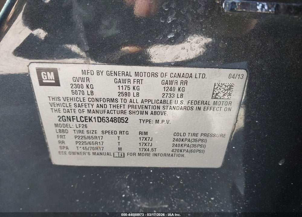 2013 CHEVROLET EQUINOX LS VIN: 2GNFLCEK1D6348052