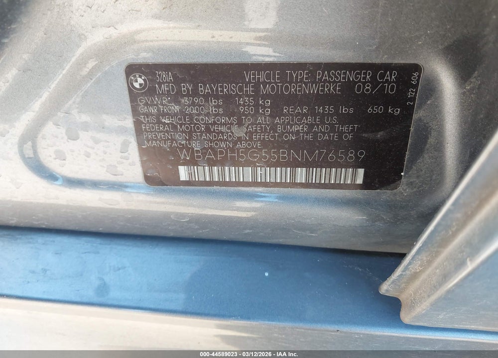 2011 BMW 328I VIN: WBAPH5G55BNM76589