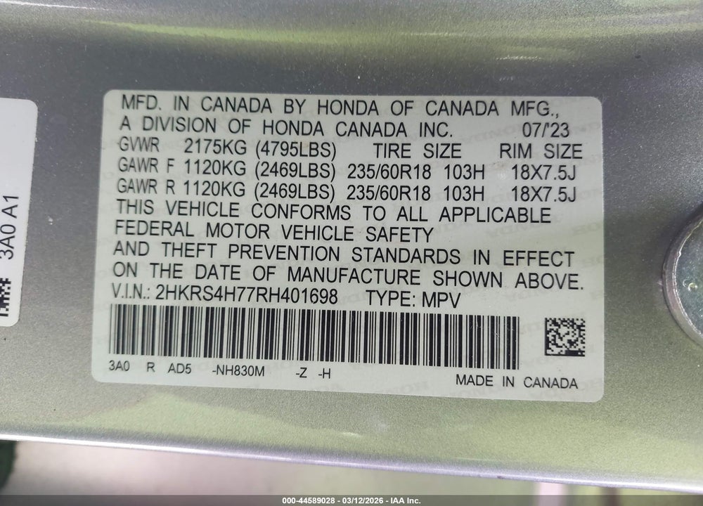 2024 HONDA CR-V EX-L AWD VIN: 2HKRS4H77RH401698
