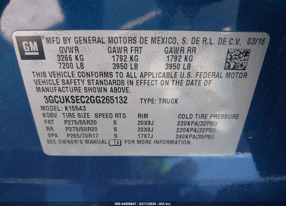 2016 CHEVROLET SILVERADO 1500 2LZ VIN: 3GCUKSEC2GG265132