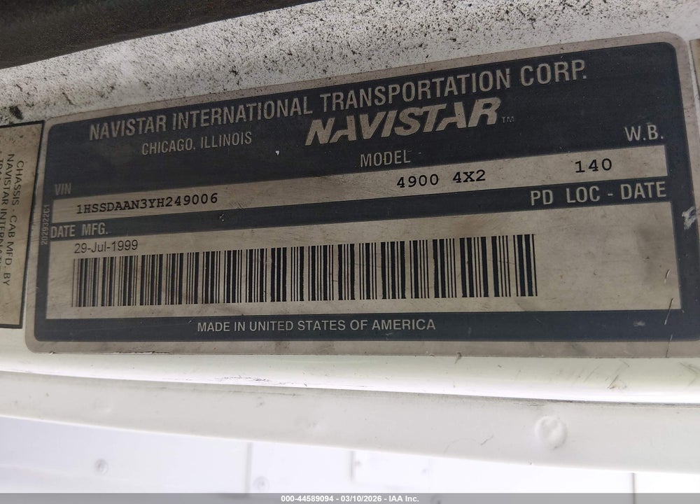 2000 INTERNATIONAL 4000 4900 VIN: 1HSSDAAN3YH249006