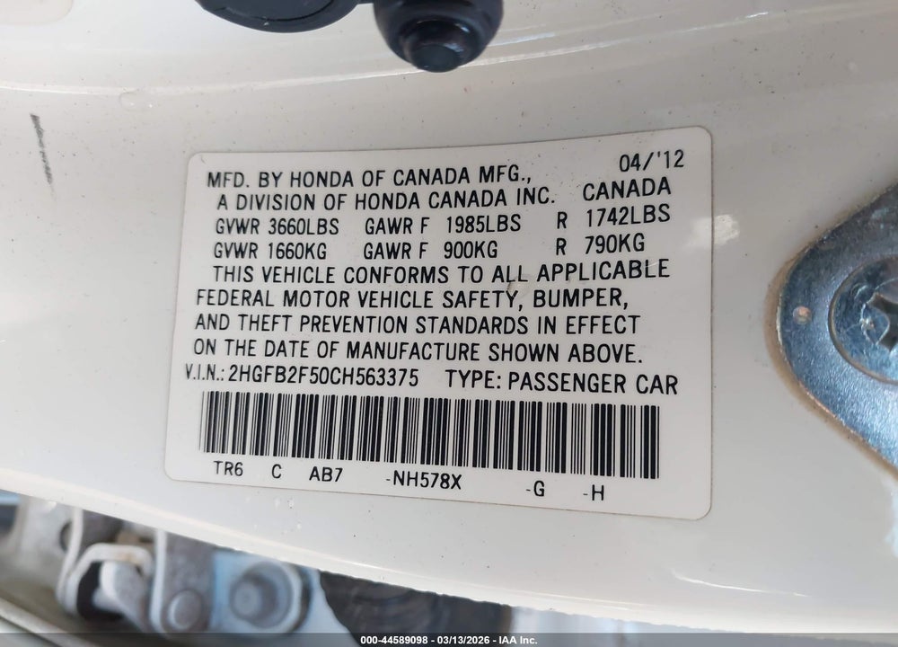 2012 HONDA CIVIC LX VIN: 2HGFB2F50CH563375
