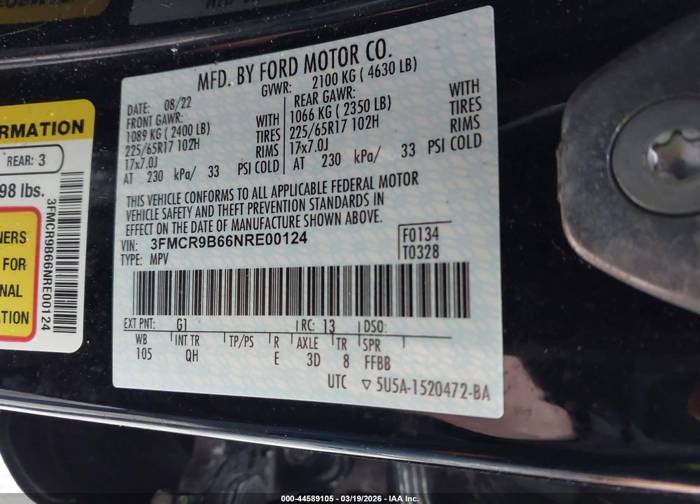 2022 FORD BRONCO SPORT BIG BEND VIN: 3FMCR9B66NRE00124