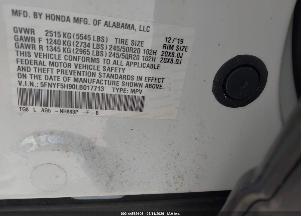 2020 HONDA PILOT 2WD TOURING 8 PASSENGER VIN: 5FNYF5H90LB017713