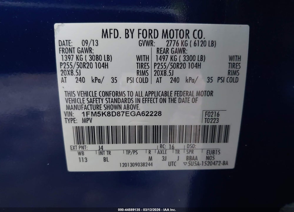 2014 FORD EXPLORER XLT VIN: 1FM5K8D87EGA62228