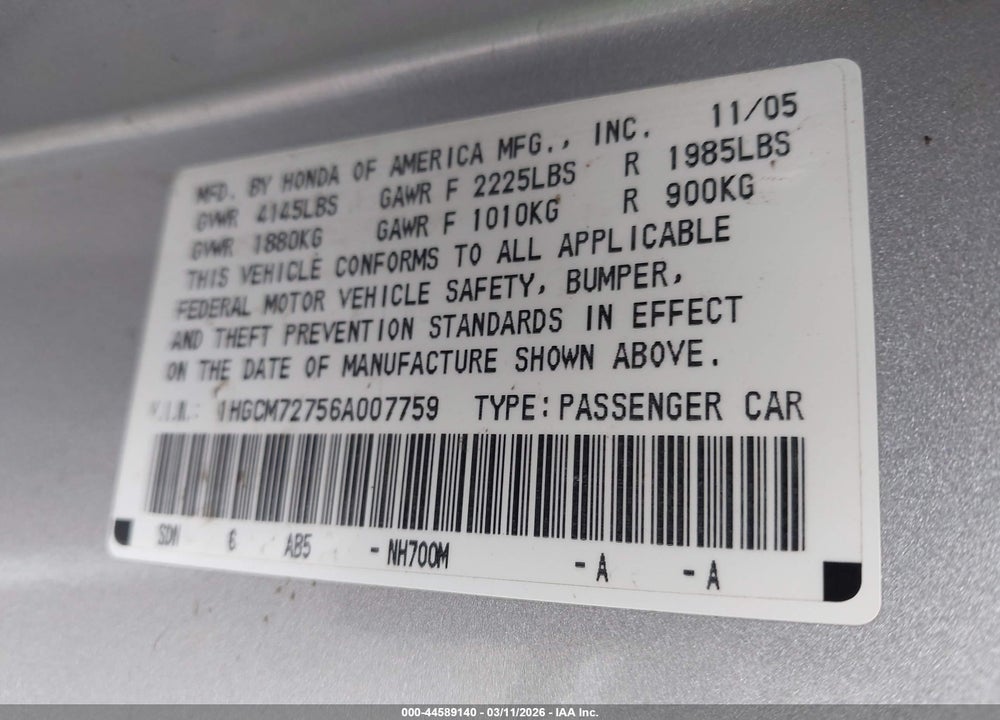 2006 HONDA ACCORD 2.4 EX VIN: 1HGCM72756A007759