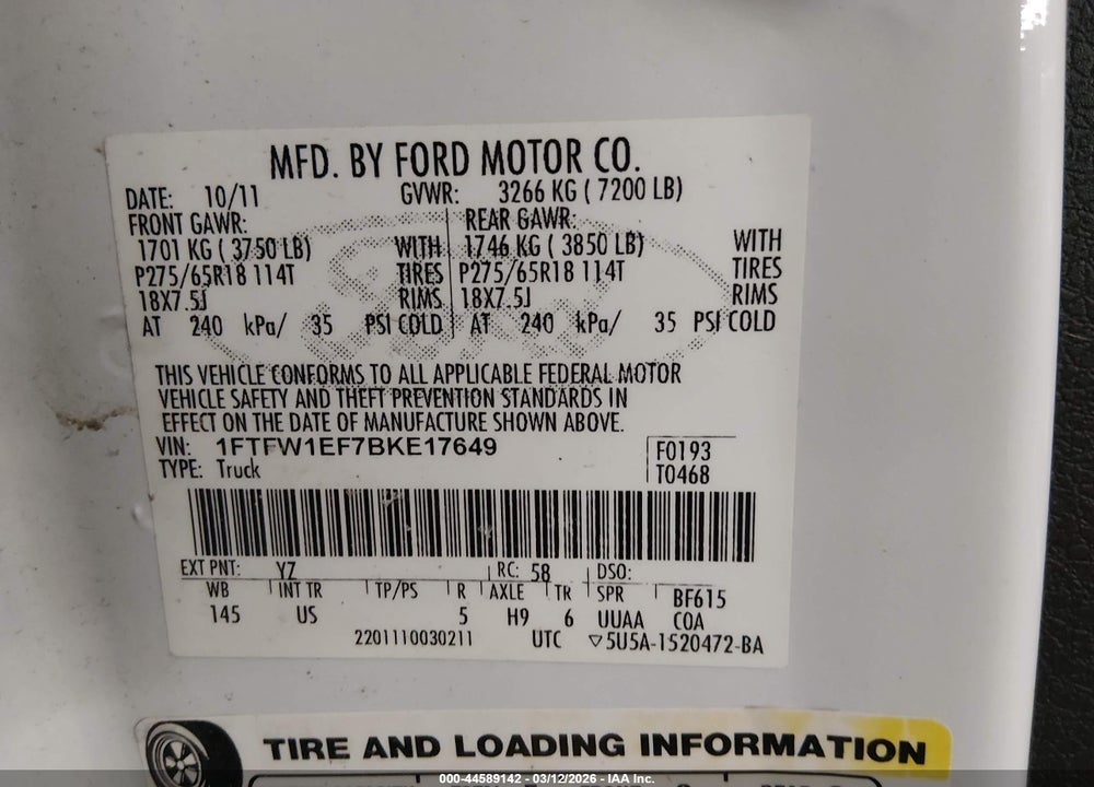 2011 FORD F-150 XLT VIN: 1FTFW1EF7BKE17649