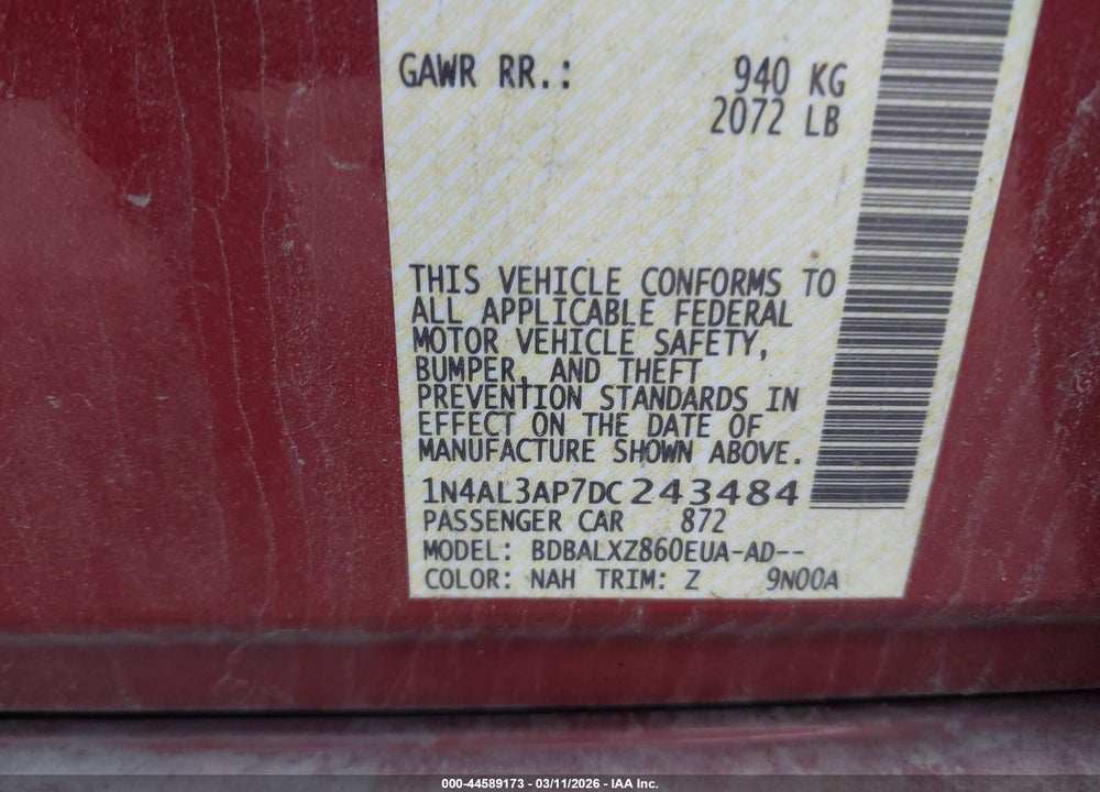 2013 NISSAN ALTIMA 2.5 SL VIN: 1N4AL3AP7DC243484