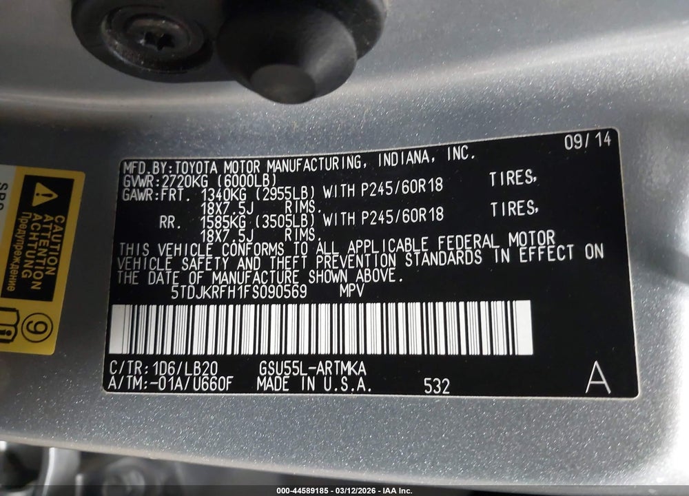2015 TOYOTA HIGHLANDER XLE V6 VIN: 5TDJKRFH1FS090569