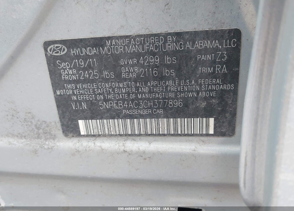 2012 HYUNDAI SONATA GLS VIN: 5NPEB4AC3CH377896