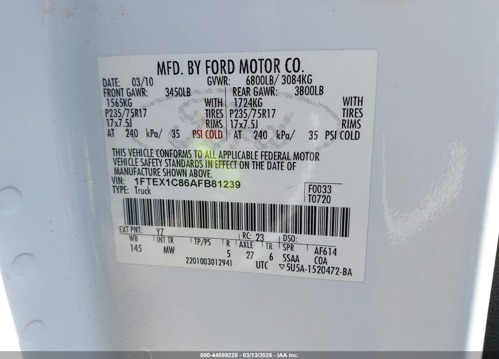 2010 FORD F-150 FX2 SPORT/STX/XL/XLT VIN: 1FTEX1C86AFB81239