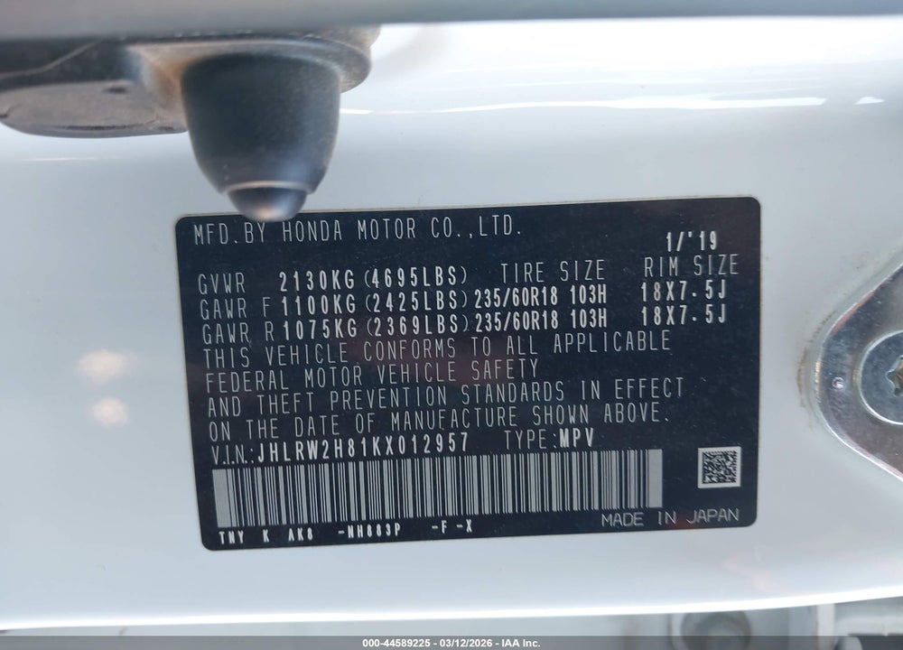 2019 HONDA CR-V EX-L VIN: JHLRW2H81KX012957
