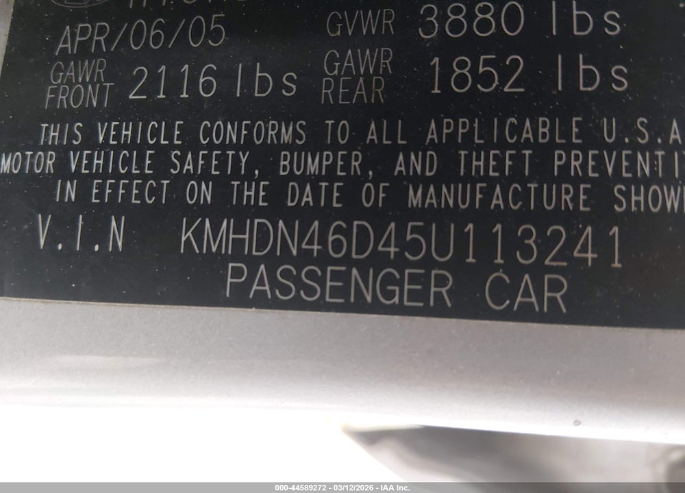 2005 HYUNDAI ELANTRA GLS/GT VIN: KMHDN46D45U113241