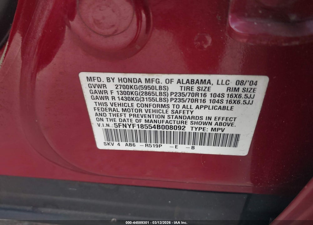 2004 HONDA PILOT EX-L VIN: 5FNYF18554B008092