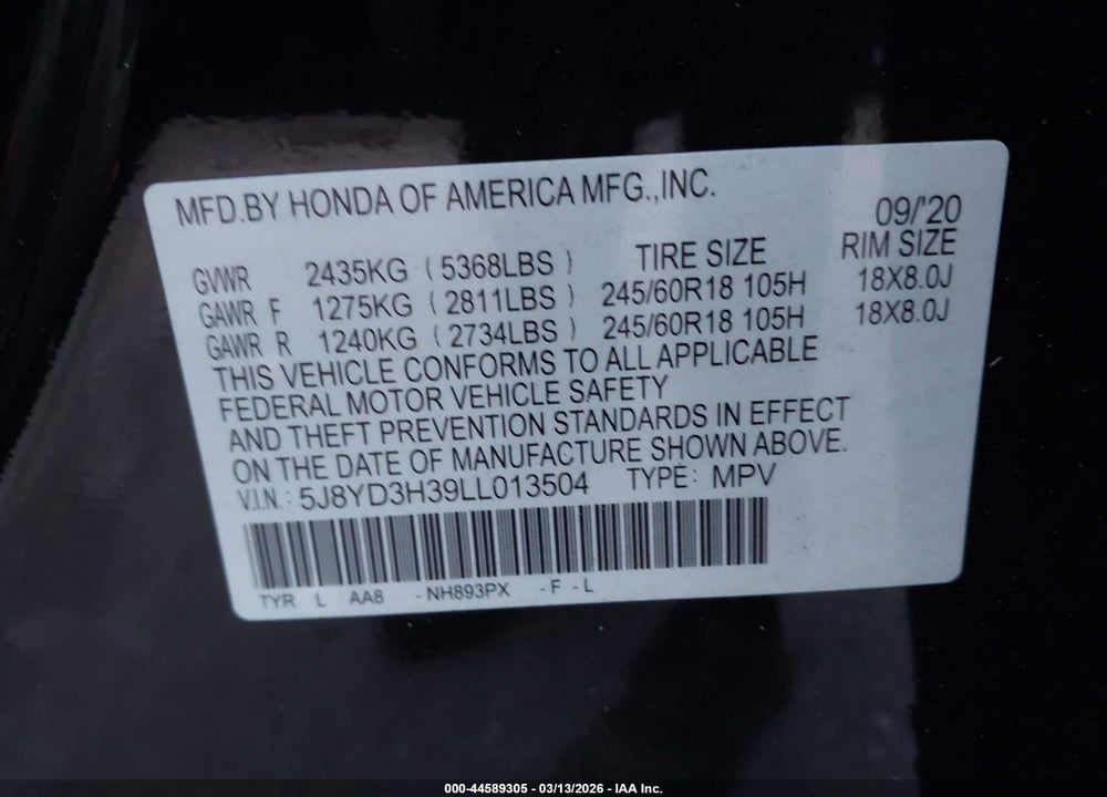 2020 ACURA MDX STANDARD VIN: 5J8YD3H39LL013504