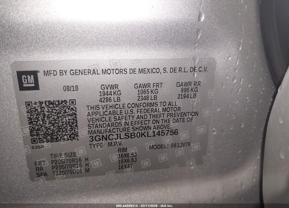 2019 CHEVROLET TRAX LT VIN: 3GNCJLSB0KL145756