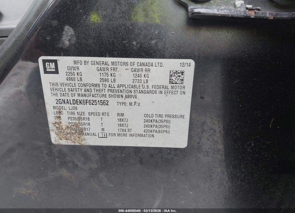 2015 CHEVROLET EQUINOX LTZ VIN: 2GNALDEK6F6251562