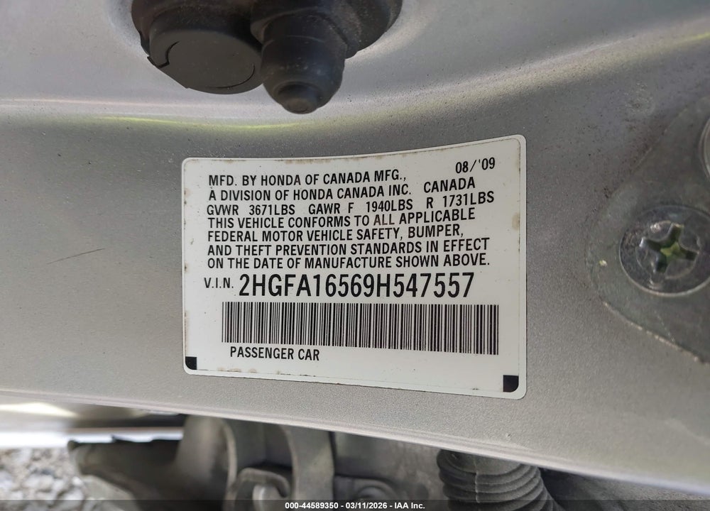 2009 HONDA CIVIC LX VIN: 2HGFA16569H547557