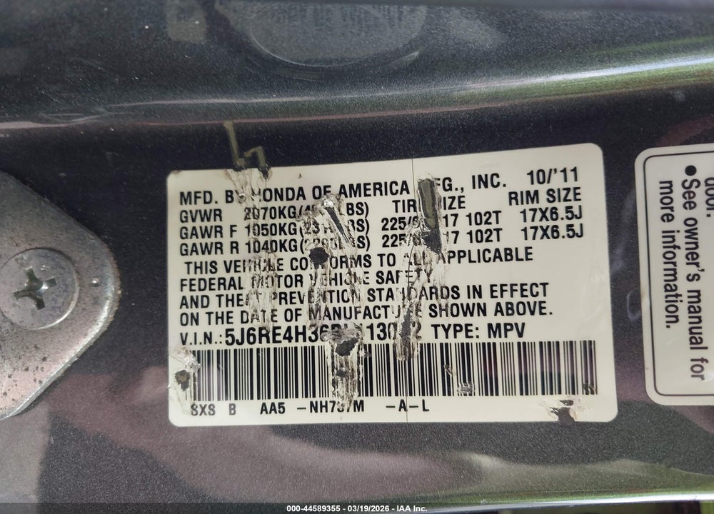 2011 HONDA CR-V LX VIN: 5J6RE4H36BL113042