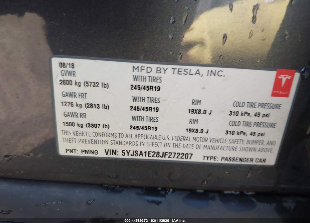 2018 TESLA MODEL S 100D/75D/P100D VIN: 5YJSA1E28JF272207