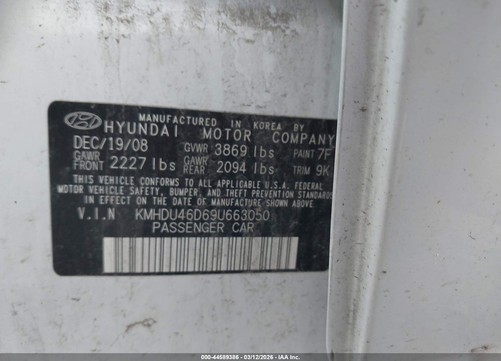 2009 HYUNDAI ELANTRA GLS VIN: KMHDU46D69U663050