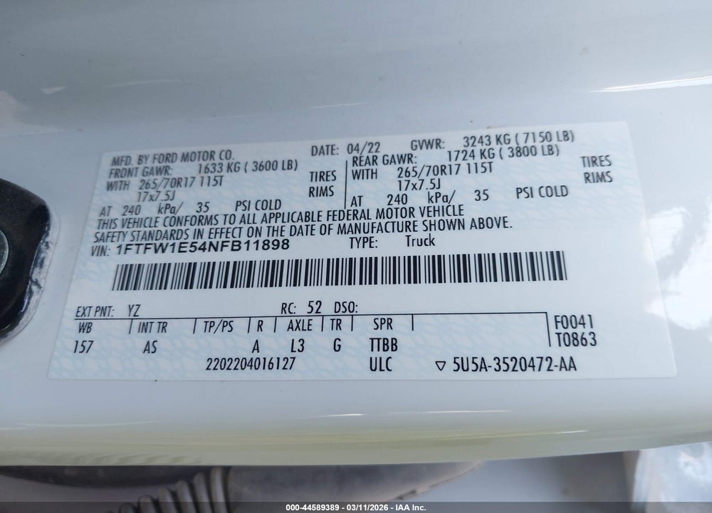 2022 FORD F-150 XL VIN: 1FTFW1E54NFB11898