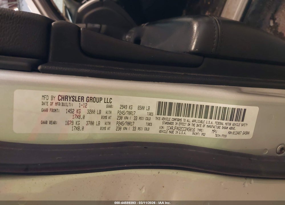 2012 JEEP GRAND CHEROKEE LAREDO VIN: 1C4RJFAG2CC245016
