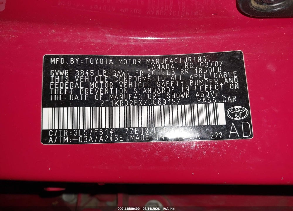 2007 TOYOTA MATRIX XR VIN: 2T1KR32EX7C669157