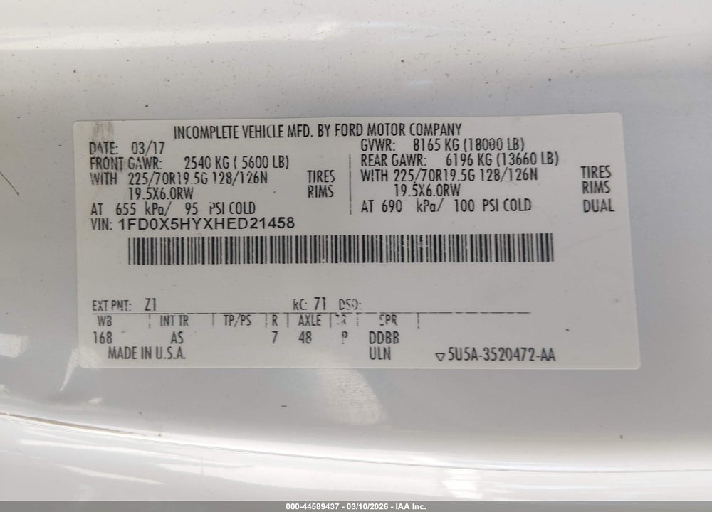 2017 FORD F550 SUPER DUTY VIN: 1FD0X5HYXHED21458