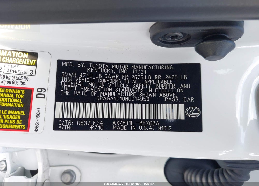 2022 LEXUS ES 300H F SPORT VIN: 58AGA1C10NU014958