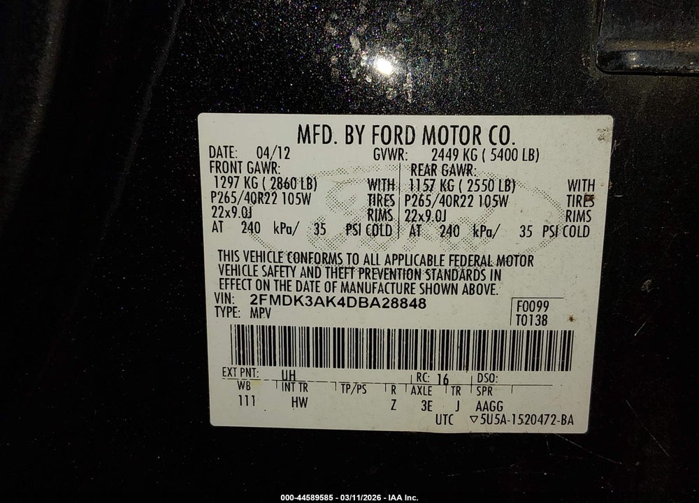 2013 FORD EDGE SPORT VIN: 2FMDK3AK4DBA28848